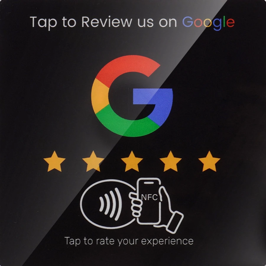 Black NFC Google review card: Tap to review us on Google, five stars, Tap to rate your experience
